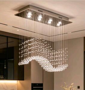 HAILUNBAO Kitchen Island Rectangular Crystal Raindrop Chandelier, Green Wave-Shaped Stone Light for Kitchen Romantic Artistic Dining Room Lamps Luxurious Elegant Chrome Light Stairway Chandeliers