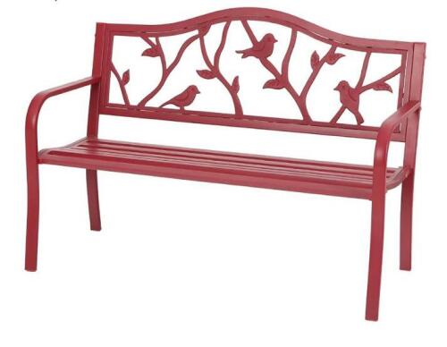 PHI VILLA THD-1516123 Red Metal Garden Bench with Bird Design, 2-Person Capacity