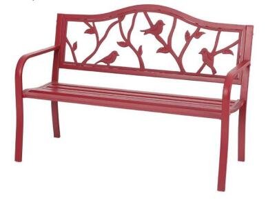 PHI VILLA THD-1516123 Red Metal Garden Bench with Bird Design, 2-Person Capacity