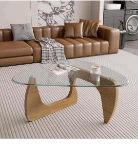 Modern Glass Top Coffee Table, Noguchi-style, Triangular Shape, 50" x 37.5" x 16", Light Oak Finish