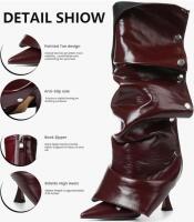 VOMIRA Women's Burgundy Knee High Stiletto Boots with Detachable Panel, Wide Calf Fit - 8