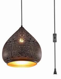 Moroccan Style Black Plug-in Pendant Light with Perforated Metal Shade, E26 Base, 11.8" Diameter