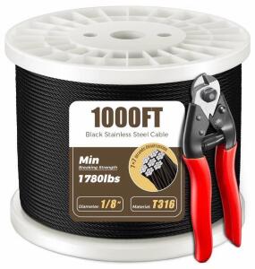1000ft Black 1/8" T316 Stainless Steel 7x7 Cable with Cutter, 1780lbs Breaking Strength