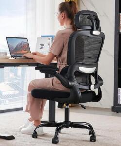 Ergonomic Mesh Office Chair, Adjustable Headrest, Lumbar, 330lb, Flip-Up Arms, Black, box opened to verify contents were not damaged