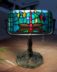 Tiffany-Style Stained Glass Banker&rsquo;s Lamp with Dragonfly Motif, 12.5" Height, 9" Shade Width retails $115