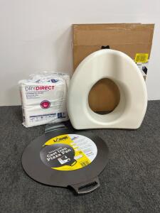 Lodge 15" Cast Iron Pizza Pan, Dry Direct Booster Pads 30ct, Guardian 5" Raised Toilet Seat Lot