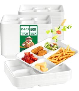 Jolly Chef 5-Compartment 10"x8.25" Biodegradable Sugarcane Food Trays, 500-Pack, Microwave Safe