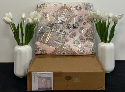 Japanese Tripod Floor Lamp, 46" Paper Shade, 3 Color Bulb, & 6x9' Pink Vintage Floral Area Rug Set