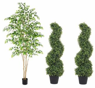 Nafresh 3ft Boxwood Spiral Topiary Pair & 7ft Ficus Artificial Tree Set in Pots
