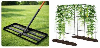 30"x10" Heavy-Duty Lawn Leveling Rake & 75"x71"x87" Steel Garden Arch Trellis with Nylon Netting