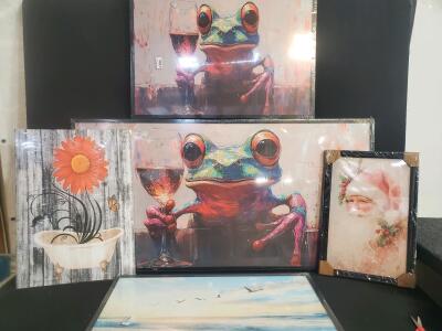 Colorful Frog Wine Art Print & Mixed Wall Decor Lot &ndash; 5 Framed Pieces, Multiple Themes & Sizes