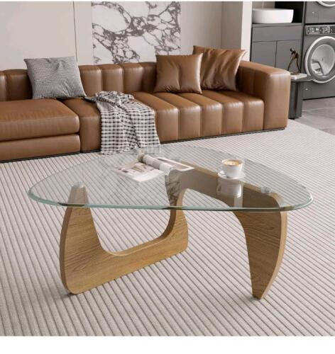 Modern Glass Top Coffee Table, Noguchi-style, Triangular Shape, 50" x 37.5" x 16", Light Oak Finish