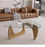 Modern Glass Top Coffee Table, Noguchi-style, Triangular Shape, 50" x 37.5" x 16", Light Oak Finish