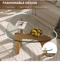 Modern Glass Top Coffee Table, Noguchi-style, Triangular Shape, 50" x 37.5" x 16", Light Oak Finish - 4