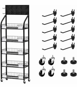5-Tier Black Metal Rolling Storage Rack, Pegboard, 5 Baskets, 10 Hooks, Casters, 33"x14"x62"