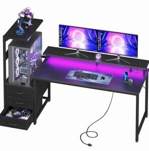 AODK 59&rdquo; Gaming Computer Desk, RGB Lighting, 3 Drawers, Steel Frame, Monitor Shelf - A03, New