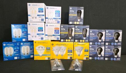 Large Lot: GE & U LED Bulbs - Decorative, Flood, Filament, Candelabra, Dimmable, Daylight/Soft White