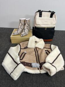 Michael Kors Amalia Kitten Boots US 9M, Lovevook Backpack, Faux Shearling Aviator Jacket (M)