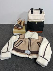 Michael Kors Lillie Sandals 8.5M, Lovevook Backpack, Faux Shearling Aviator Jacket (M)