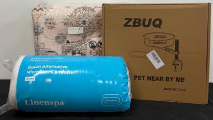 Linenspa Queen Down Alternative Comforter, Pink Floor Rug (6&rsquo;x9&rsquo;) & ZBUQ Clamp-On Cat Perch, New in Box