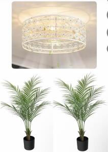 Crystal Flush Mount Ceiling Fan Light w/Remote Control, 17.7in, 6-Speed, Plus 2x 3ft Palm Trees