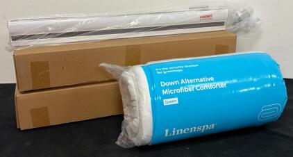 Linenspa Queen Comforter, Cordless Pleated Window Shades, Wooden Wall Shelf Bundle