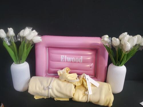 Artificial White Tulip Vase Duo, Pink Elwood Inflatable Tray & Yellow Cotton Robe/Blanket Set