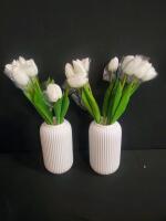 Artificial White Tulip Vase Duo, Pink Elwood Inflatable Tray & Yellow Cotton Robe/Blanket Set - 3