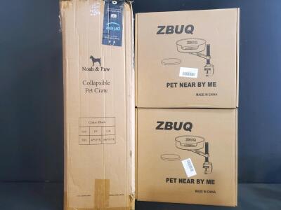 XXL Noah & Paw Collapsible Black Pet Crate 42"x31"x31" & 2 ZBUQ Clamp-On Pet Bowls New in Box