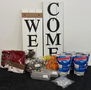 Bulk Lot Porch Welcome Signs, DampRid 2.1lb Refills, Avengers Tape, Holiday Decor & Blades