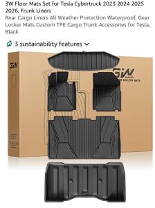 3W Auto All-Weather Floor Mats for Tesla Cybertruck 2023&ndash;2026, 5-Piece Set, Thorex&trade; TPE, Black