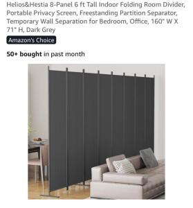 Helios&Hestia 8-Panel 6 ft Tall Indoor Folding Room Divider, Dark Grey, 160" W x 71" H