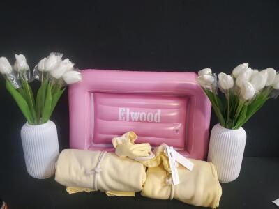 Artificial White Tulip Vase Duo, Pink Elwood Inflatable Tray & Yellow Cotton Robe/Blanket Set