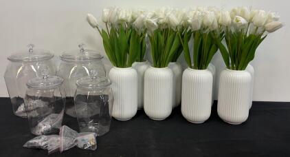 Set Of 2 Plastic Beverage Dispensers & 8 Plastic Rubbed Vases W/ Decorative Flowers