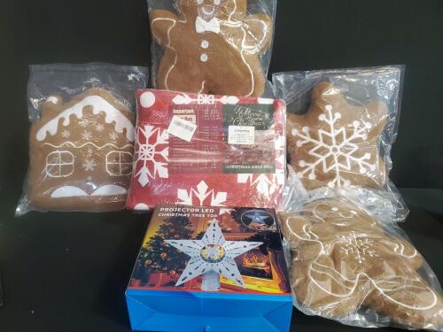 Christmas Decoration Bundle &ndash; LED Star Tree Topper, 4x6 ft Rug, Gingerbread & Snowflake Pillows