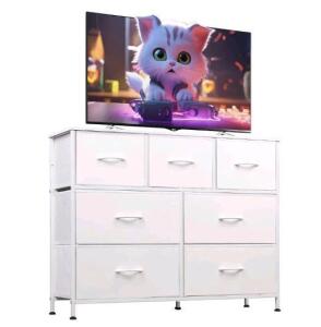 WLIVE 7-Drawer Dresser TV Stand, White, 39.4" x 11.8" x 30.5", Steel Frame, MDF Top