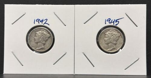Mercury Dimes Lot: 1942 & 1945-S, 90% Silver, Circulated, U.S. Mint