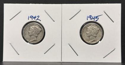 Mercury Dimes Lot: 1942 & 1945-S, 90% Silver, Circulated, U.S. Mint