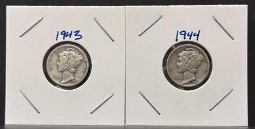 1943 & 1944 S Mercury Dimes, 90% Silver, San Francisco Mint, in 2x2 Holders