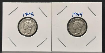 1943 & 1944 S Mercury Dimes, 90% Silver, San Francisco Mint, in 2x2 Holders