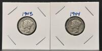 1943 & 1944 S Mercury Dimes, 90% Silver, San Francisco Mint, in 2x2 Holders