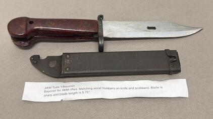 AKM Type I Bayonet, 5.75" Blade, Brown Bakelite Handle, Matching Serial SAE4441, w/Scabbard