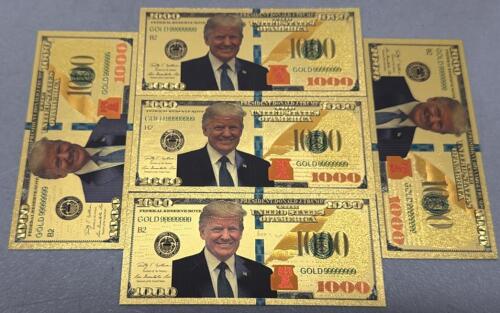 (5) Gold-Plated Donald J. Trump $1000 Novelty Bills, Faux U.S. Currency, GOLD99999999 Serial