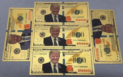 (5) Gold-Plated Donald J. Trump $1000 Novelty Bills, Faux U.S. Currency, GOLD99999999 Serial