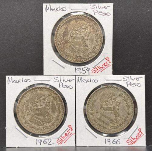 1959, 1962, 1966 Mexico 1 Peso Coins &ndash; Bust of Morelos &ndash; Mo Mint &ndash; 10% Silver, 34.5mm