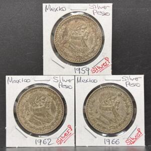 1959, 1962, 1966 Mexico 1 Peso Coins &ndash; Bust of Morelos &ndash; Mo Mint &ndash; 10% Silver, 34.5mm