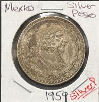 1959, 1962, 1966 Mexico 1 Peso Coins &ndash; Bust of Morelos &ndash; Mo Mint &ndash; 10% Silver, 34.5mm - 2