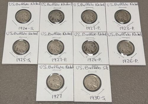 1923-1930 Buffalo Nickel 5c Lot, 10 Coins, Mint Marks S & P, 75% Copper, 25% Nickel, Circulated