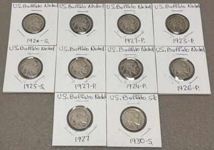 1923-1930 Buffalo Nickel 5c Lot, 10 Coins, Mint Marks S & P, 75% Copper, 25% Nickel, Circulated