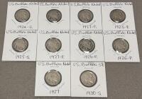 1923-1930 Buffalo Nickel 5c Lot, 10 Coins, Mint Marks S & P, 75% Copper, 25% Nickel, Circulated